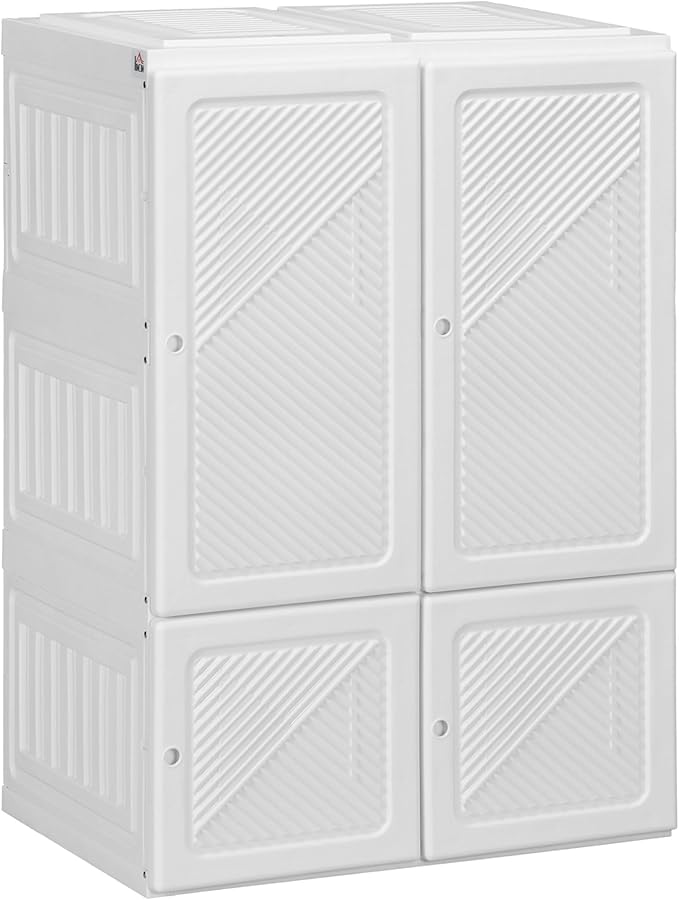 HOMCOM Folding Wardrobe Closet with Hanging Rod, Portable Clothes Storage Organizer with 3 Cube Compartments and 4 Magnet Doors, White