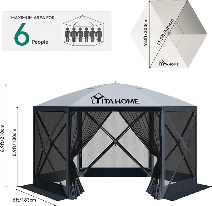 YITAHOME 11.5x11.5ft Camping Gazebo, Portable Pop Up Canopy Outdoor Screen Tent 6 Sided with Mesh Windows and Carry Bag for Camping, Picnic, Backyard Party Outside Activities, Gray