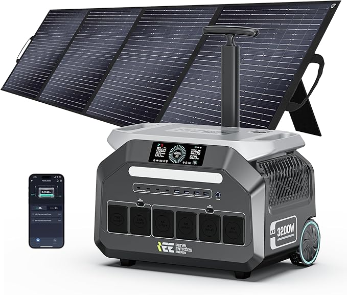 IEE 3200W Portable Power Station P3200 with 200W Solar Panel, 2048Wh Solar Generator, 1800W AC Charging, AC Outlets x 4, LiFePO4 Battery Power Station for Home Backup, Camping, RV, Emergency