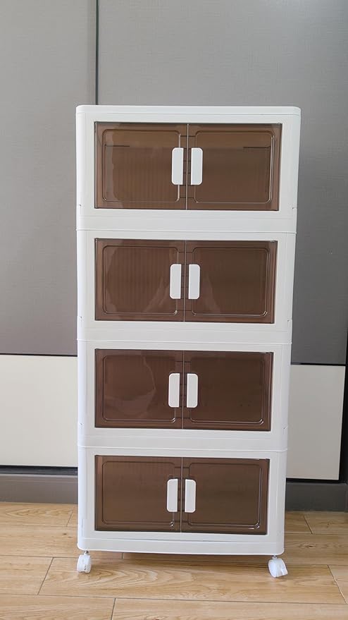 64 Gallons Storage Bins with Lids - Folding Storage box with Doors and Wheels, Collapsible Plastic Storage Bins for Closets, Stackable Storage Organizer (Large-4Tier)