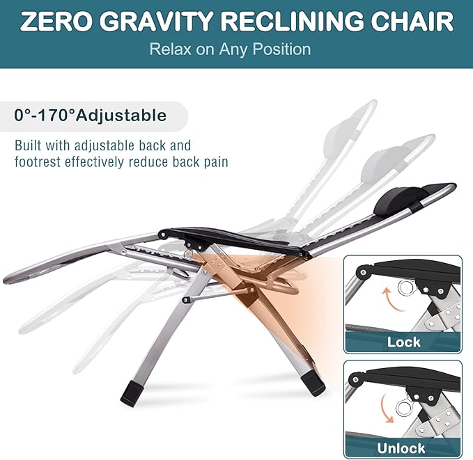 NAIZEA Widened Zero Gravity Chair 29" XL,Oversized Outdoor Lounge Chairs, Folding Reclining Camping Chairs with Cup Holder, Ergonomic Patio Lawn Chair for Balcony Beach Deck Yard