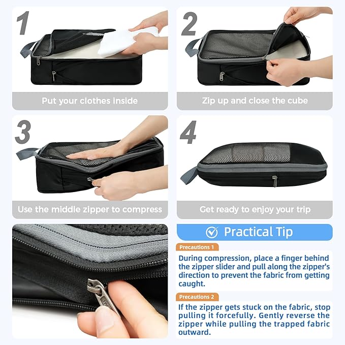 BAGAIL 4 Set/6 Set/8 Set Compression Packing Cubes Travel Accessories Expandable Packing Organizers (Half Mesh, 6-Black)