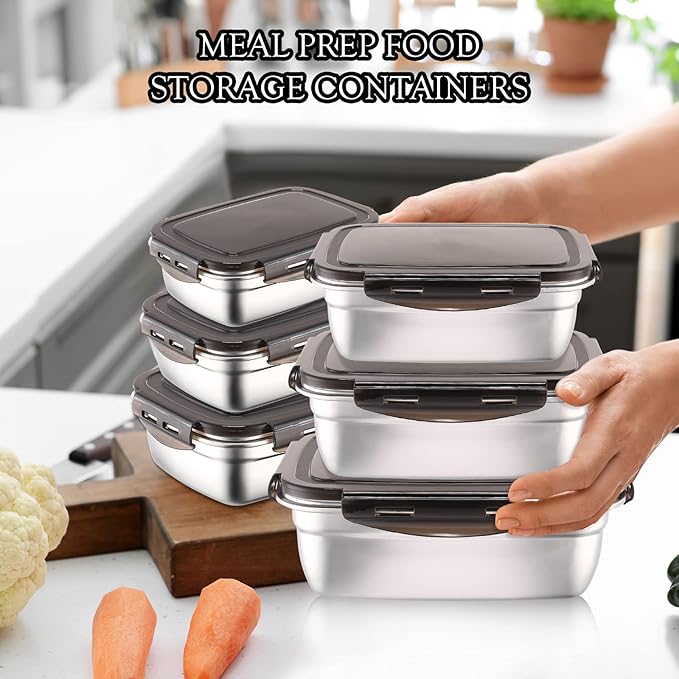 Nuanchu 6 Packs Stainless Steel Food Storage Containers Airtight Metal Food Containers Meal Prep Container Leak Proof Stackable Bento Lunch Box with Lids for Kitchen Travel Picnic and Camping(Black)
