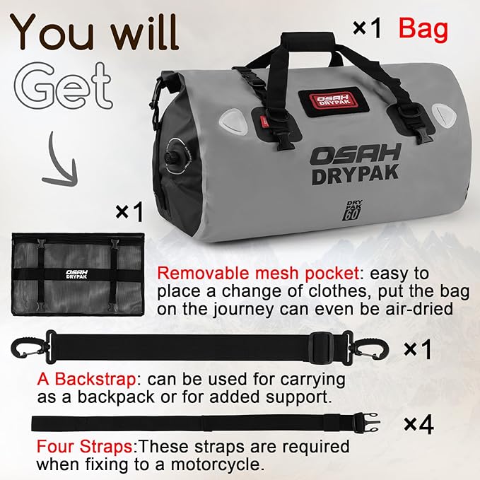 Waterproof Duffel Bag - Motorcycle Dry Bag Tail Bag with Large Storage Space, Waterproof Luggage Duffle Bags with Outer Mesh Zipper Pocket for Camping, Kayaking, Fishing & Traveling