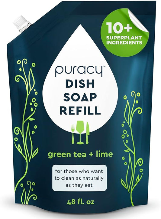 Puracy Natural Dish Soap Refill - Skin-Softening Plant-Based Liquid Dishwashing Detergent Soap, Clean-Rinsing Water-Sheeting Formula (Green Tea & Lime, 48 fl oz)