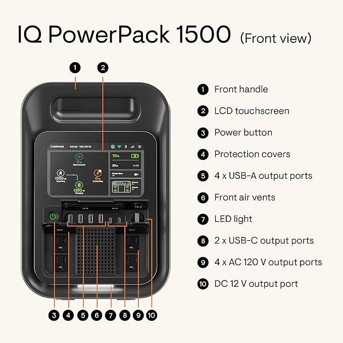 Enphase IQ PowerPack 1500 + 200 W IQ Portable Panel – Solar generator with LCD touchscreen, seamless app integration via 4G cellular, Wi-Fi & Bluetooth, for home backup, camping, RVs
