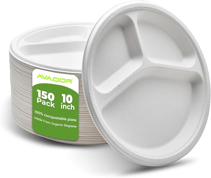AVADOR® Compostable Tableware 100% Eco-Friendly & Biodegradable Dinnerware Eco-Conscious, Disposable, and 100% Biodegradable (10 inch Partition Plates Pack of 150)
