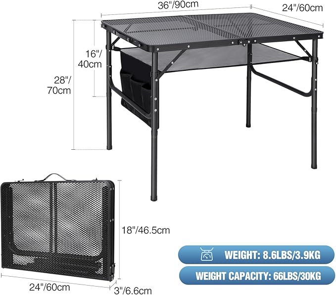 RedSwing Folding Grill Table,Aluminum Portable Grill Stand Table for Outdoor Camping Picnic BBQ Lightweight, Adjustable Height, 36''x24''x16/28'', Black