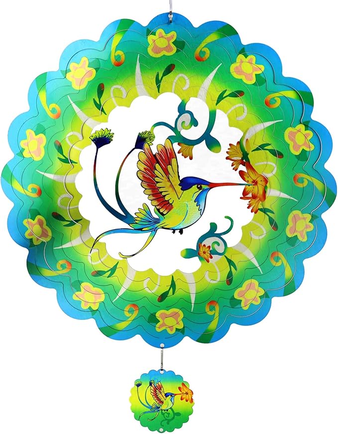 Hummingbird Wind Spinners Garden Yard Decor Gift for Women Men, 12 Inch Outdoor Metal 3D Wind Spinner, Stainless Steel Green Hanging Wind Catchers Kinetic Sculpture for Outside Decoration