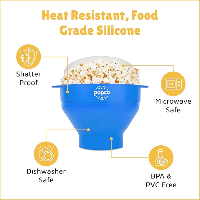 Popco Silicone Popcorn Maker - Microwave Popcorn Popper with Handles - Collapsible Bowl, Heat-Resistant, Easy to Clean, Ideal for Family Movie Nights, 15-Cup Capacity - Light Blue