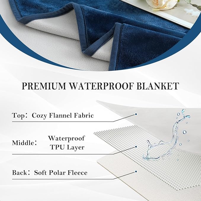 SOCHOW Waterproof Blanket for Bed Sofa Couch, Water Resistant Blanket Washable 60"x80", Reversible Leakproof Bed Cover for Adults Elderly Pets, Navy Blue & Light Grey