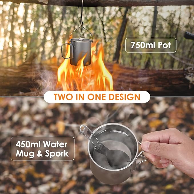 TOMSHOO Titanium Pot with Lid - Camping Mug with Foldable Handle for Hiking, Travelling, Backpacking