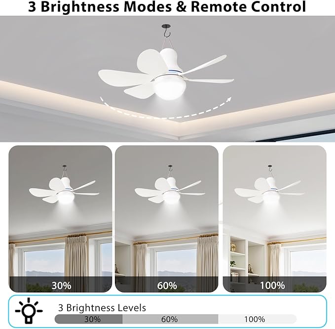 Portable USB Ceiling Fan with LED Light & Remote Control |4 Speeds,3 Light Modes,Timer |16.5 in Mini Size, 6 Detachable Blades|DC 5V Hanging Fan for Tent, RV, Camping,Patio & Home-Easy Install