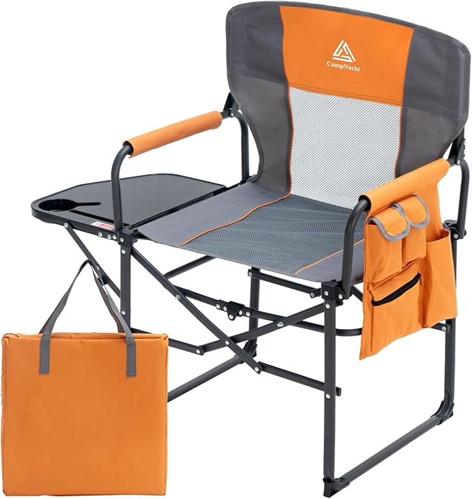 Wide Folding Director Chair with Table, Outdoor Camping Chair for Adults with Cup Holder Load 330 Lbs, Portable Lightweight Chair for Outside with Carry Bag for Patio, Orange-1Pack