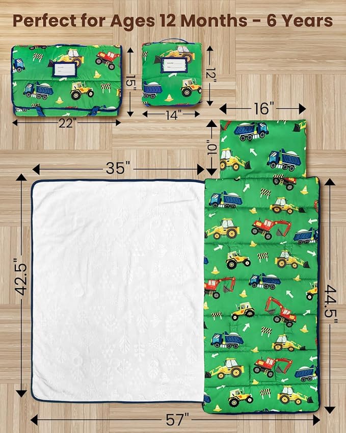 Primlect Toddler Nap Mat with Removable Pillow and Flannel Blanket, Portable Kids Sleeping Bag, Easy to Carry on The Go, Perfect for Daycare, Preschool, Boys and Girls, 12 Months - 6 Years