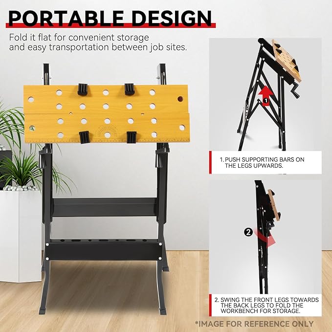 Auto Dynasty Adjustable Folding Workbench with Built-in Ruler & Protractor, Portable Work Table (8"-12"), 220lbs Load Capacity, Multipurpose Vise Workbench for Woodworking, Garage, and DIY