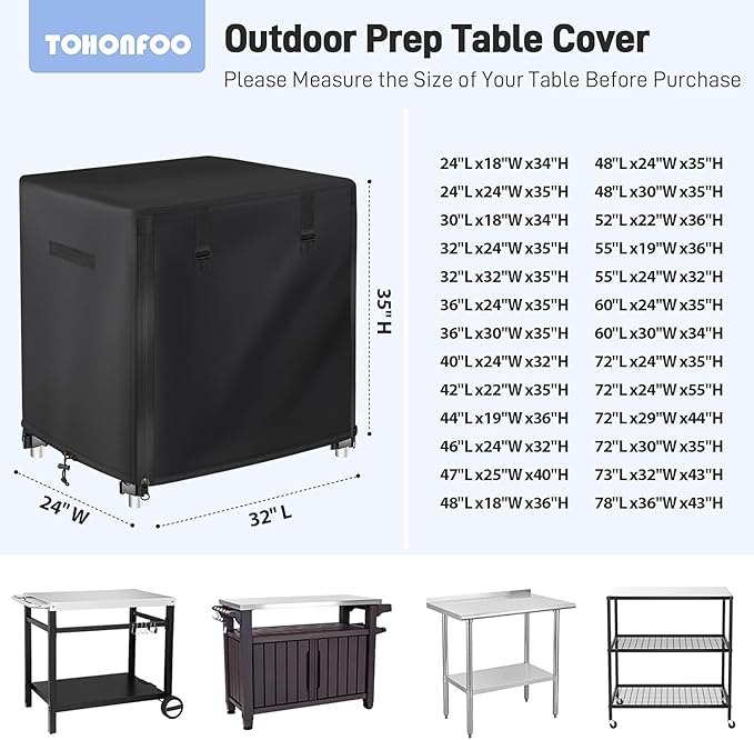 Outdoor Prep Table Cover with Split Zipper for Keter Outdoor BBQ Grill Prep & Serving Cart - Waterproof Stainless Steel Metal Table Cover - 32" L x 24" W x 35" H
