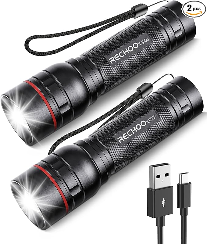 RECHOO Rechargeable Flashlights High Lumens, 2 Pack G1000 Super Bright Flash Light, Small Led Tactical Flashlight with 3 Lighting Modes, Portable Flashlights for Camping Home (Battery Included)