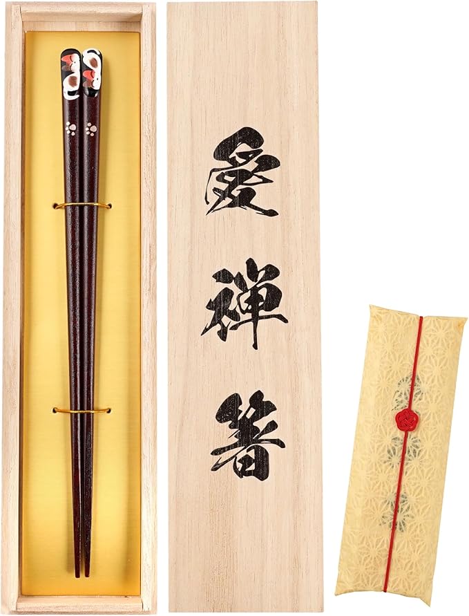 Nemuri Neko Hand-Painted Chopsticks, Traditional Aizu Maki-e Craft, Natural Wood, Wakasa Lacquer Finish Wood Gift Box Made in Japan (Black)
