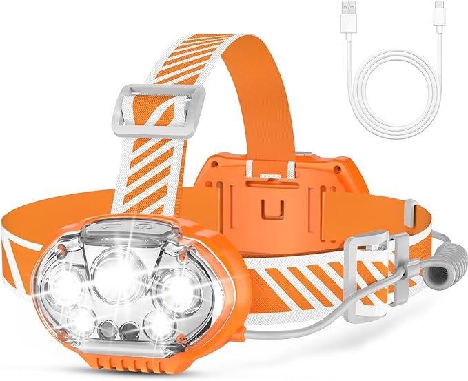 Rechargeable Headlamp, High Lumen 5 LED Head Lamp with Red White Light, IPX4 Waterproof Headlight,8 Mode Head Flashlight for Outdoor Running Hunting Fishing Hiking Camping Gear-Orange