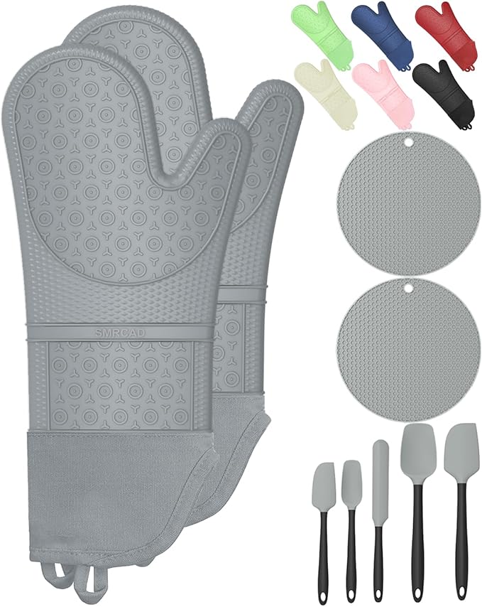 Oven Mitts with Heat-Resistant Hot Pads and Five Silicone Spatulas Designed for Kitchen Baking Cooking, Oven Glove Soft Cotton Lining, Waterproof, BPA-Free (Grey, 15.7)