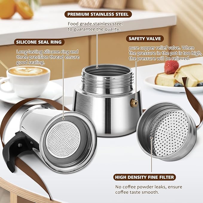 Stovetop Espresso Maker, 6 cup Moka Pot, Italian Coffee Maker Percolator, Stainless Steel Espresso Pots, 300ml/10oz(Espresso Cup=50ml/1.7oz) Coffee Pot Cafe Maker for Induction Cookers, Hobs