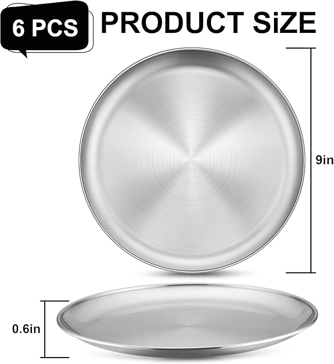 Homikit 6 Pack Stainless Steel Plates, Metal Kids Toddler Dinner Plate Set Non Toxic, 9 Inch Round Camping Plates for Serving Dishes Dessert Salad, Unbreakable & Reusable, Dishwasher Safe