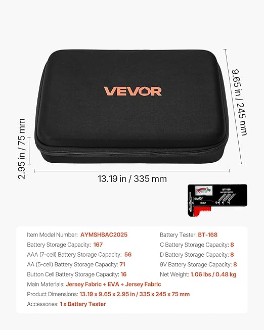 VEVOR Battery Organizer Storage Box, Battery Case Bag with Tester BT-168, Waterproof Batteries Organizer Storage Case with Zipper, Holds 167 Batteries AA AAA C D 9V Button, Black (Box Only)