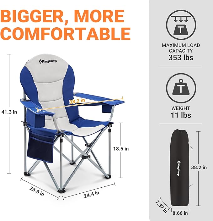 KingCamp Oversized Camping Folding Chair with Lumbar Support, Heavy Duty Ergonomic Padded Arm Chair with Cooler Bag, Cup Holder, Portable for Outdoor