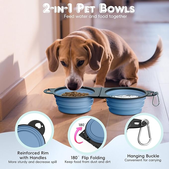 Pawaboo 2-in-1 Collapsible Dog Bowls, Dual Puppy Food and Water Bowls, 180° Flip Over Portable Silicone Dog Bowl with Metal Hook, 450ml Pet Travel Feeder Bowl for Walking Hiking Camping, Morandi Blue