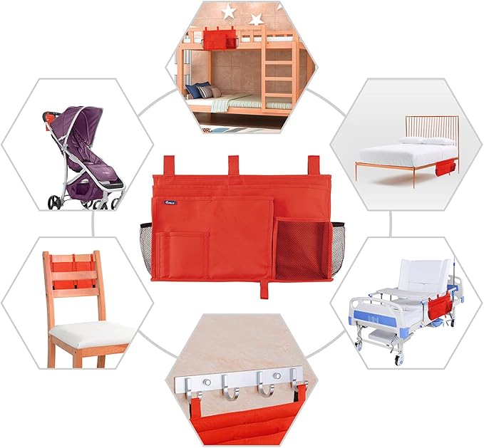 Surblue Caddy Hanging Organizer Bedside Storage Bag for Bunk and Hospital Beds, Red, L