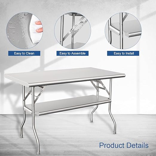HARDURA Folding Stainless Steel Table 30X48 Inches with Adjustable Undershelf and Legs NSF Commercial Portable Folding Prep Table for Restaurant Kitchen Home and Hotel