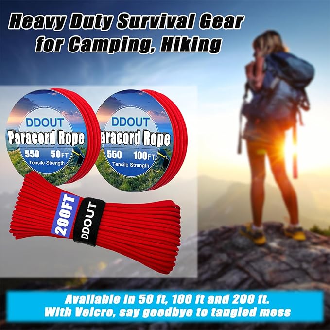 Paracord Nylon Rope Red 50ft with 7-Strand Core, 10 Colors and 50/100/200 ft, Type III Parachute Cord 4mm for Camping, Survival, Hiking, DIY, Crafting, Outdoor Utility Rope