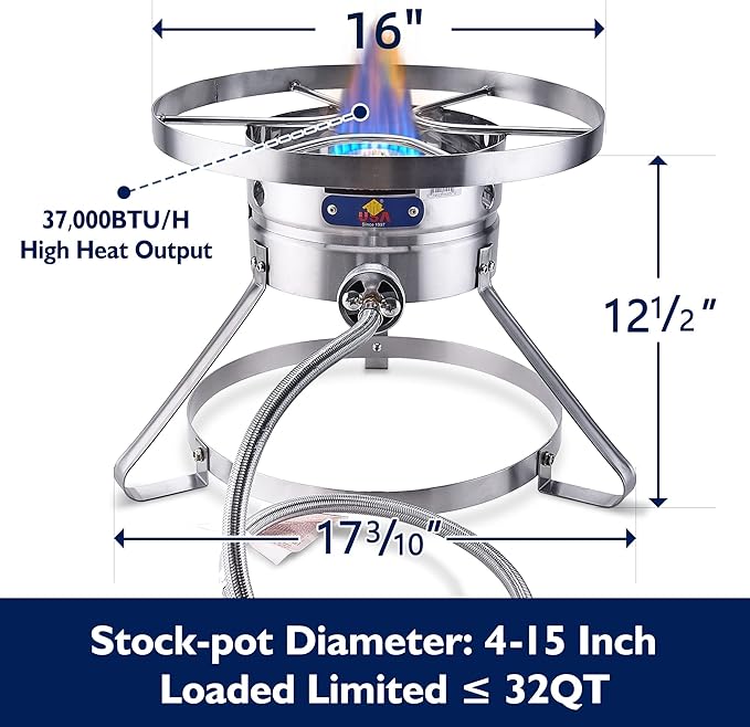 ARC Burner, 16” Stainless Steel Single Burner Propane Stove with Rust-proof Hose & Adjustable Regulator, Camping Stove Great for Outdoor Cooking Turkey Fryer, Crawfish Cooking