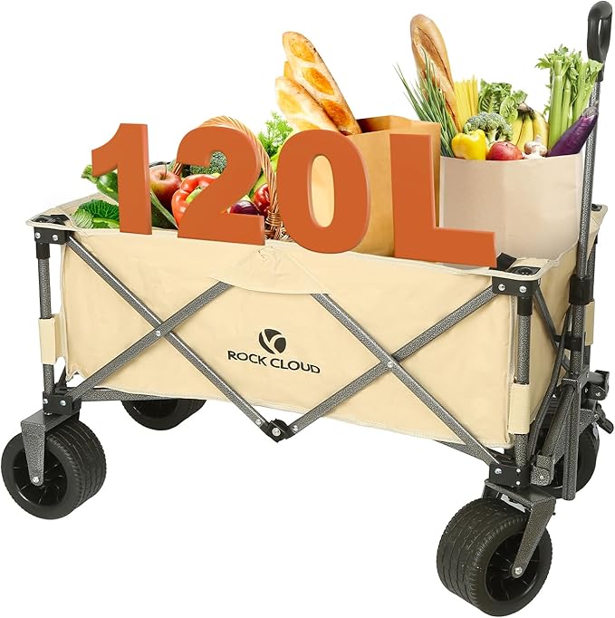 ROCK CLOUD Folding Wagon Cart Utility Outdoor Camping Carry Cart Heavy Duty Portable Collapsible Garden Cart with Universal Wheels and Adjustable Handle for Outdoor Camping Beach Sports