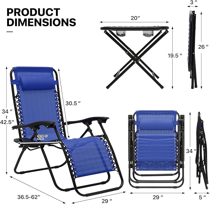 MoNiBloom Oversized Lounge Beach Chairs for Outside, 29" XL Zero Gravity Camping Chairs with Side Table, Pillow and Tray, 330lbs Capacity, Blue