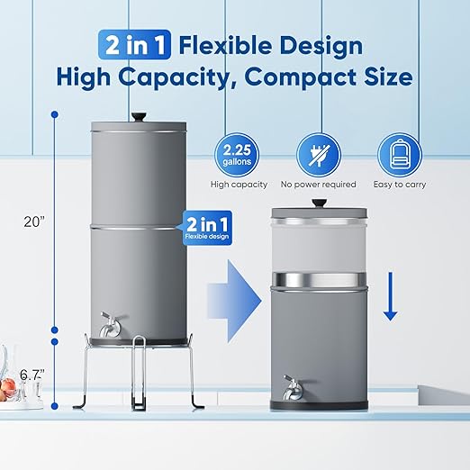 Purewell 3-Stage 0.01μm Ultra-Filtration Gravity Water Filter System, NSF/ANSI 42&372 Certification, 304 Stainless Steel Countertop System with 2 Filters and Stand, Reduce 99% Chlorine, 2.25G, PW-OB