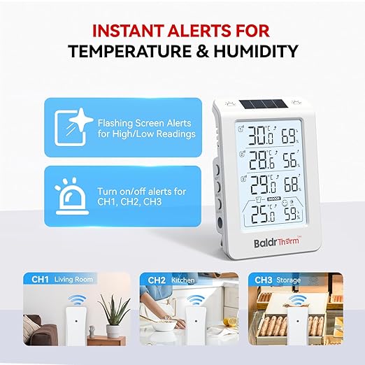 Solar Photosensitive Three Channel Thermo-Hygrometer, Wireless Temperature & Humidity Monitor with 330ft Range, 4.8" Digital Display, Smart Backlight, Real-Time Alerts, White