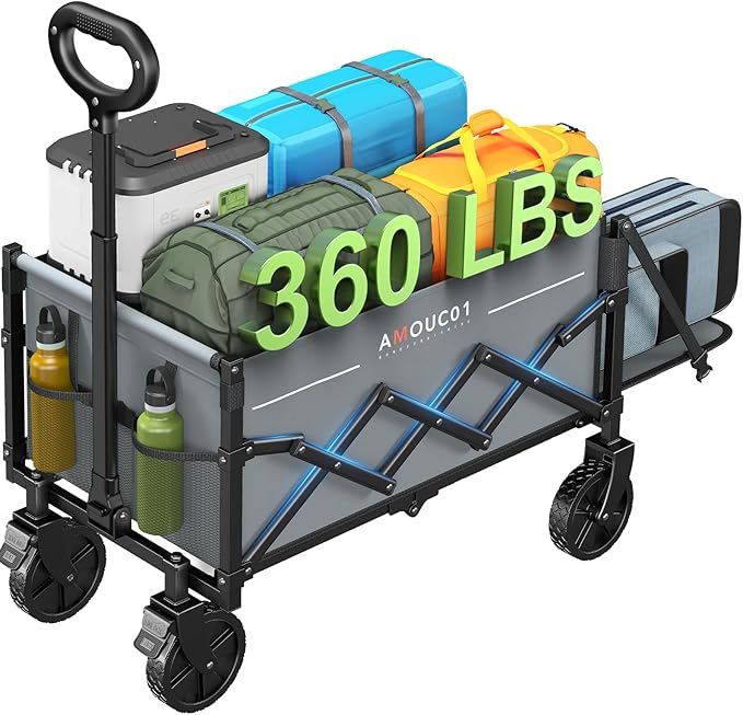 Small Wagon Cart Foldable, Collapsible Wagon with 360 LBS Max Load & Expandable Storage, 90L Foldable Grocery Cart with 2 Cup Holders for Outdoor, Garden, Camping &Groceries-Grey