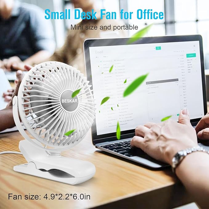 BESKAR Clip on Fan, 360° Rotation Quiet Stroller Fans with Strong Airflow,3 Speeds, Portable Small Fans with Sturdy Clamp,Perfect Personal Cooling Fan for Office Table Bedroom Kitchen