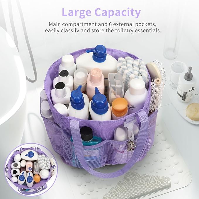 Mesh Shower Caddy Portable for College Dorm Room Essentials, Shower Tote Bag with Hanging Hook and Drawstring, Quick Dry Toiletry Bag with 6 Pockets for Bathroom, Swimming, Gym, Camping, Beach, Travel
