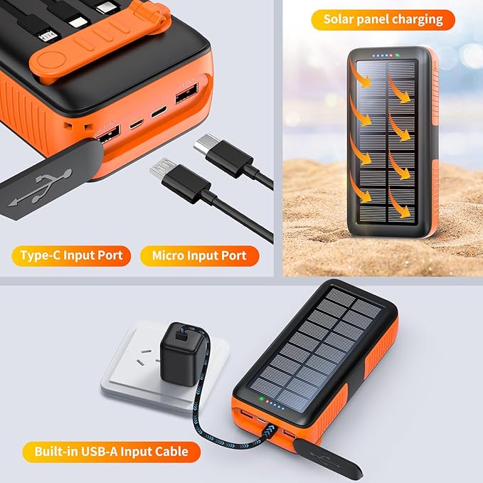 Solar Charger Power Bank 63200mAh, Portable Charger with Dual Outputs & Dual Inputs 4 LEDs Flashlight, Hand Crank Power Bank Fast Charging Battery Pack for Outdoor Camping Survival Gear