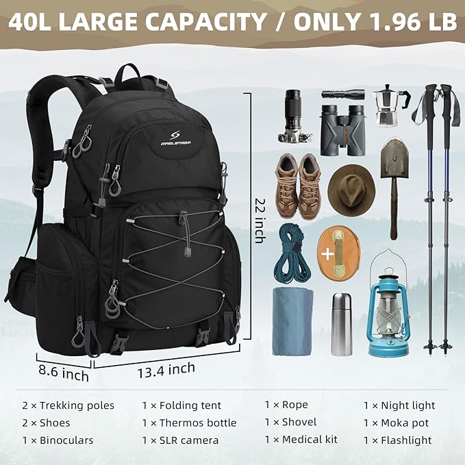 Maelstrom Hiking Backpack, 40L Waterproof Camping Daypack for Men and Women, Lightweight Travel Pack with Rain Cover-Black