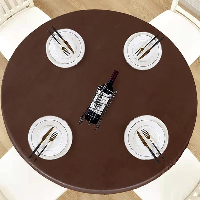LUSHVIDA Round Waterproof Table Cover Elastic Vinyl Fitted Tablecloth Elastic Edged Plastic Table Cloth (Deep Coffee, Best for Up to 45"-56" Round)