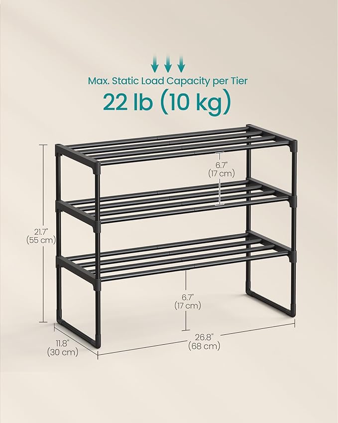 SONGMICS Shoe Rack, 3-Tier Shoe Organizer, Metal Storage Shelf, Upright or Upside Down, for 8-12 Pairs, Stackable, for Entryway, 11.8 x 26.8 x 21.7 Inches, Black ULSA203B01