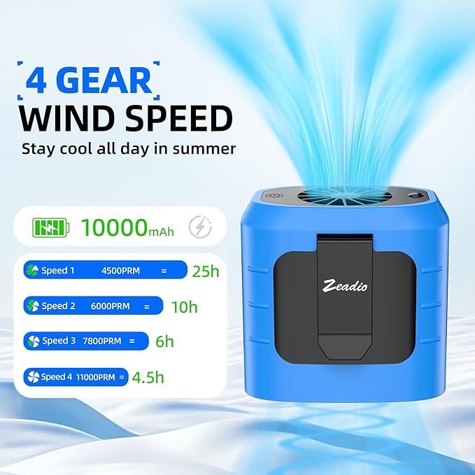 Zeadio Portable Waist Clip Fan, 4 Speeds 10000mAh Operated Hands-free Wearable Necklace Fan, with Lighting and Charging Function for Hot Flashes Home Office Travel Outdoor Sports - Blue
