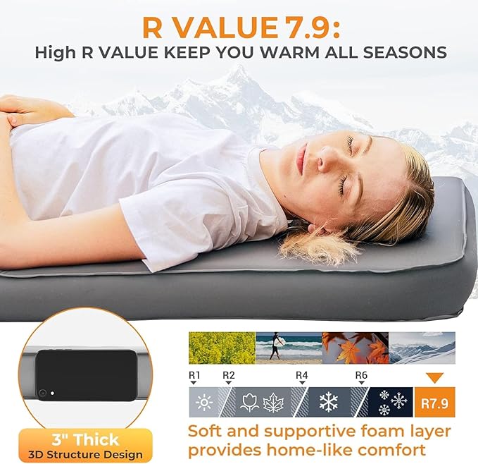 KingCamp Self Inflating Sleeping Pad, R 7.9 Air & Foam Sleeping Pad for Camping All Seasons, 3" Thick Single Camping Mattress for Camp Tent Outdoor Car, PVC Free (Lightgrey/Charcoal)