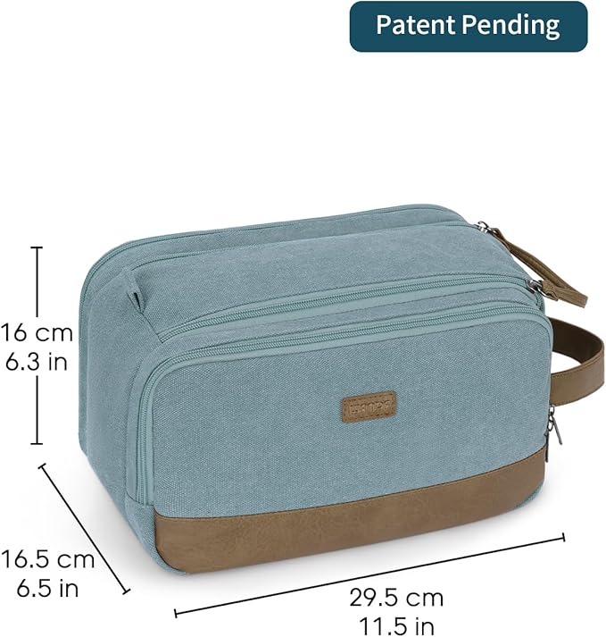 WANDF Toiletry Bag for Men Travel Toiletry Organizer Canvas and Leather Dopp Kit Water-Resistant Shaving Bag for Travel Accessories (Pale Blue, Large)
