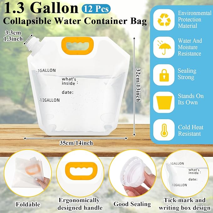 Tessco 12 Pack 1.3 Gallon Collapsible Water Storage Bag Water Container Bag Emergency Jug Foldable Plastic Storage Pouch Freezable Carrier Tank for Outdoor Sport Camping(Clear,Scale Line)