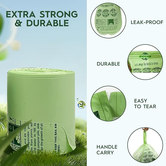 2.6-3 Gallon Compostable Trash Bags with Handles 80 Count 0.67 Mil 11.36 L Small Kitchen Food Scrap Waste Compost Bag ASTM D6400 US BPI and OK Compost Home Certified